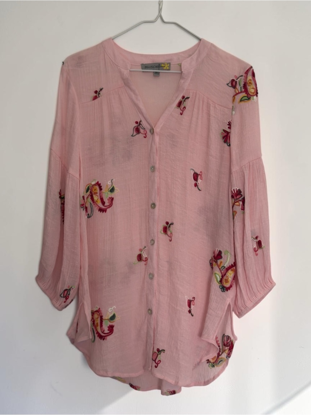 FIGUEROA & FLOWER Pink Embroidered Boho Tunic Top Blouse Size M